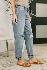 Hazel Blues® |  Elaine Mid Rise Boyfriend with Distress & Cuff