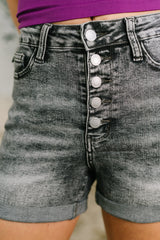 Hazel Blues® |  Greyson High Rise Button Fly Cuffed Shorts in Grey