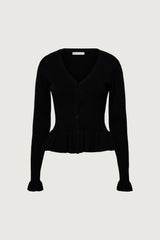 RIB-KNIT RUFFLED BUTTON FRONT CARDIGAN