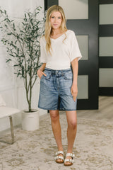 Hazel Blues® |  Zenim Printed High Waisted Shorts in Classic Denim