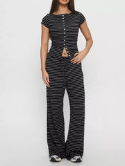 Hazel Blues® |  Striped Button-Down Top and Wide-Leg Pants Set