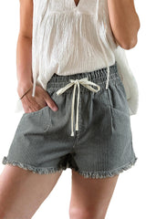 Hazel Blues® |  Black Stripe Raw Edge Drawstring Elastic Waist Casual Denim Shorts