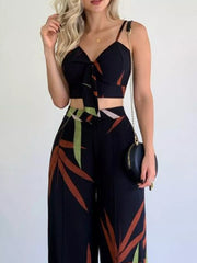 Hazel Blues® |  Tropical Print Spaghetti Strap Crop Top and Wide Leg Pants Set