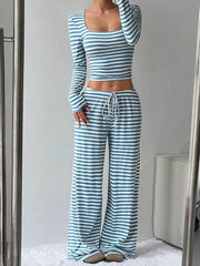 Hazel Blues® |  Striped Long Sleeve Crop Top & Wide Leg Pants Set
