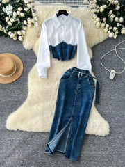 Hazel Blues® |  Frayed Denim Patchwork Top & Slit Maxi Skirt Denim Set