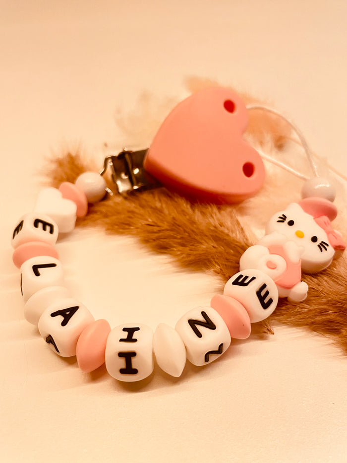Schnullerkette Katze weiß rosa