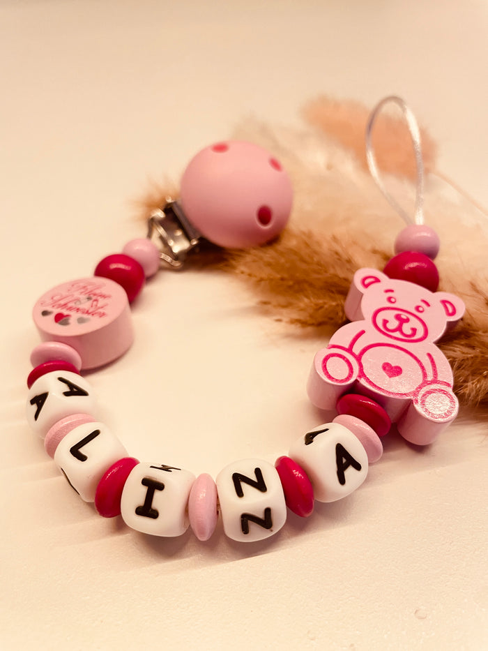 Schnullerkette kleine Schwester mit Bär rosa pink personalisiert