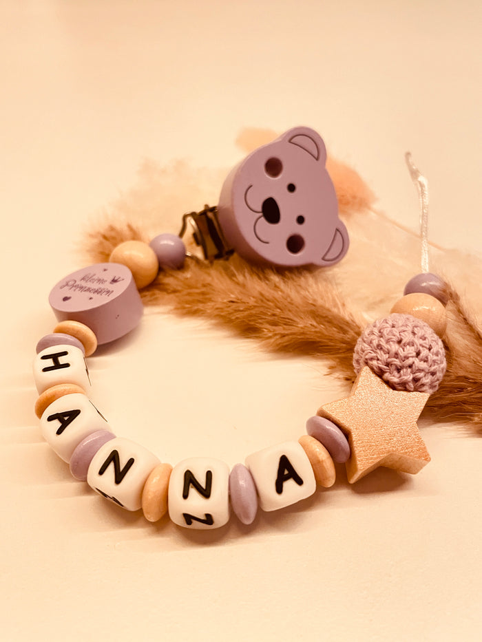 Schnullerkette personalisiert Teddy mit Stern kleine Prinzessin flieder natur