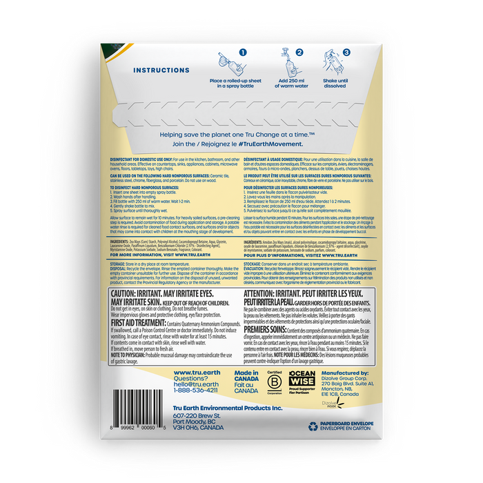 TruEarth Multi-Surface Cleaner Disinfectant Back of Package || 8 Sheets