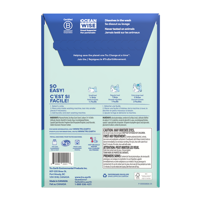 TruEarth Laundry Detergent Fragrance-Free Back of Package || 32 Strips