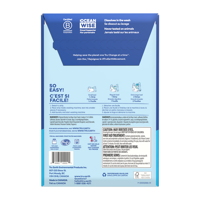 TruEarth Laundry Detergent Fresh-Linen Back of Package || 32 Strips