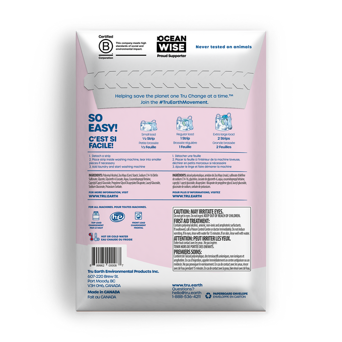 TruEarth Laundry Detergent Baby Fragrance-Free Back of Package || 64 Strips