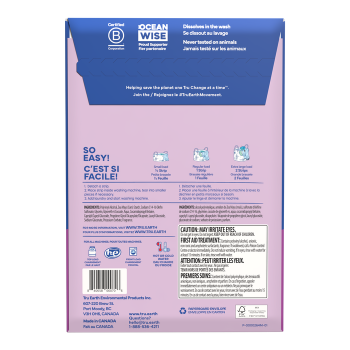 TruEarth Laundry Detergent Lilac Breeze Back of Package || 64 Strips