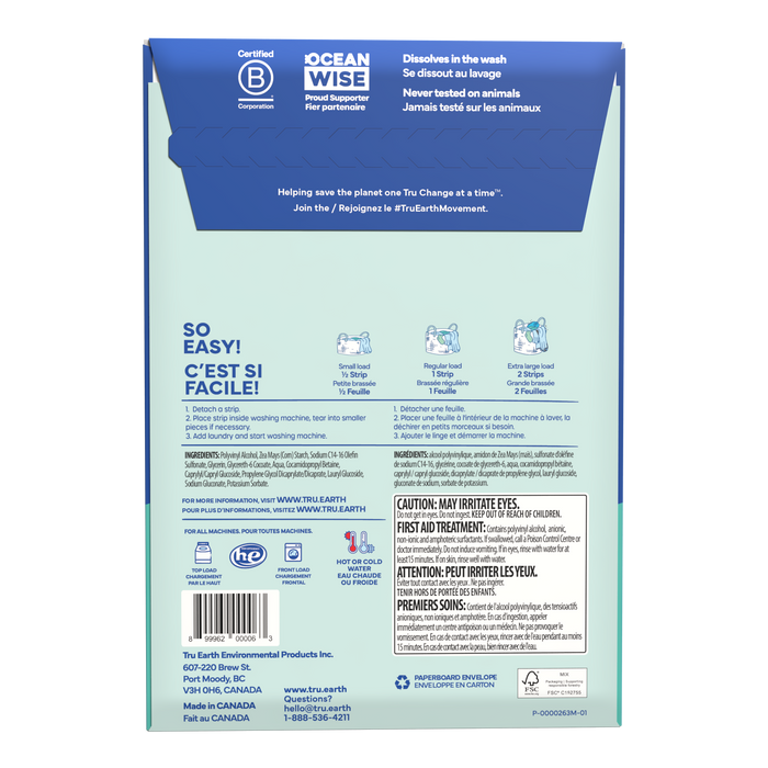TruEarth Laundry Detergent Fragrance-Free Back of Package || 64 Strips