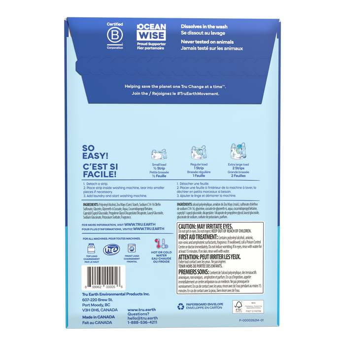 TruEarth Laundry Detergent Fresh-Linen Back of Package || 64 Strips