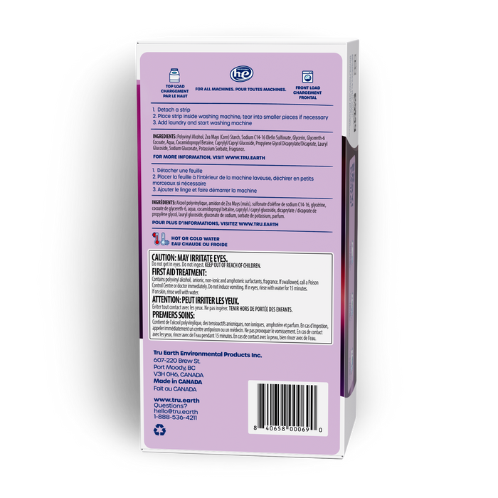 TruEarth Laundry Detergent Lilac Breeze Back of Package || 384 Strips