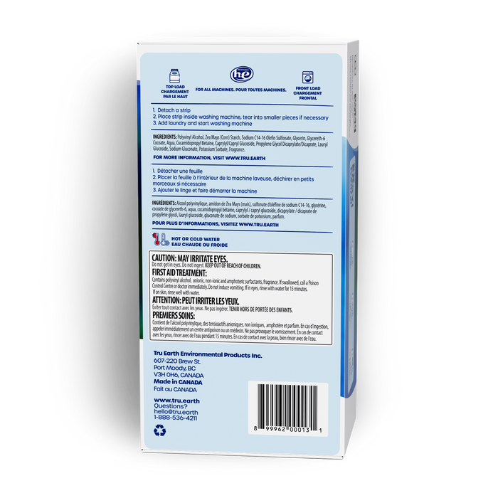 TruEarth Laundry Detergent Fresh Linen Back of Package || 384 Strips