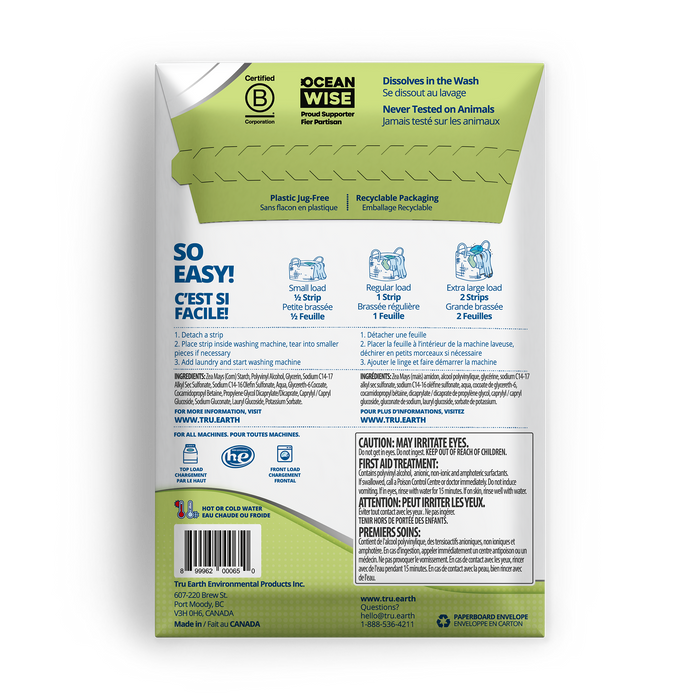 TruEarth Platinum Laundry Detergent Fragrance-Free Back of Package || 32 Strips