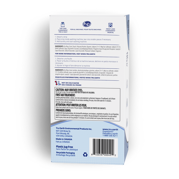 TruEarth Platinum Laundry Detergent Fresh Linen Back of Package || 384 Strips